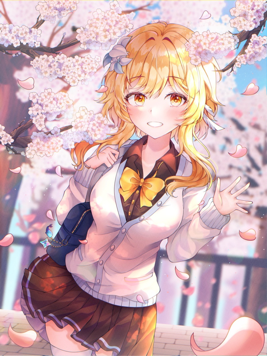 1girl alternate_costume bag bangs blonde_hair blush bow bowtie breasts brown_shirt brown_skirt cardigan cherry_blossoms collared_shirt commentary day eyebrows_visible_through_hair feathers flower genshin_impact grin hair_feathers hair_flower hair_ornament highres holding_strap long_sleeves lumine_(genshin_impact) medium_breasts petals pleated_skirt ryunbi school_uniform shirt short_hair_with_long_locks shoulder_bag skirt smile solo standing white_cardigan white_flower yellow_eyes yellow_neckwear