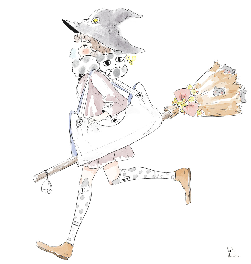 1girl absurdres bag blush bow broom brown_footwear dress hat highres kawatsu_yuuki long_sleeves original pink_bow profile purple_dress running scarf shoes shoulder_bag signature simple_background socks solo white_background white_bag witch witch_hat