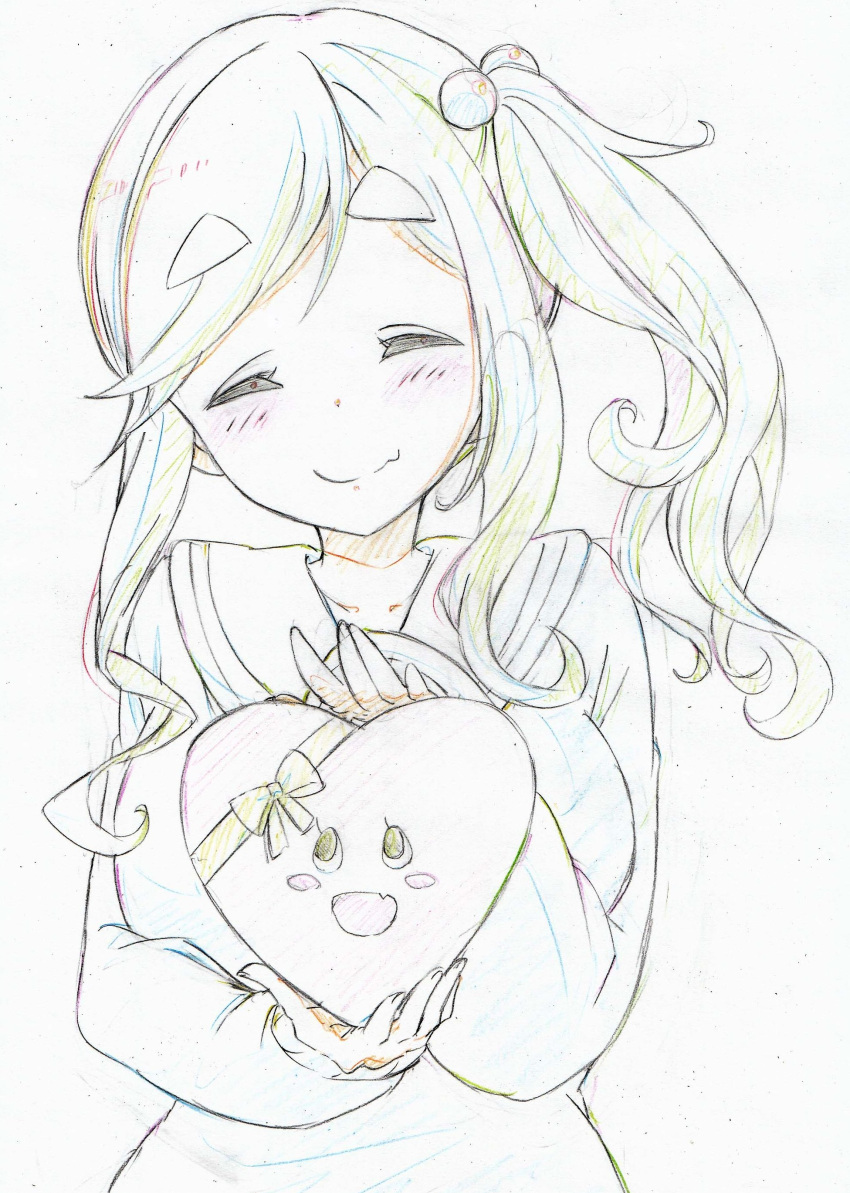 1girl absurdres bangs blush box cardigan catchphrase closed_mouth color_trace colored_pencil_(medium) facing_viewer fang gift hair_bobbles hair_ornament heart-shaped_box highres holding holding_gift inuyama_aoi kitazinger long_hair long_sleeves school_uniform serafuku side_ponytail sidelocks skin_fang smile solo standing swept_bangs thick_eyebrows traditional_media valentine yurucamp