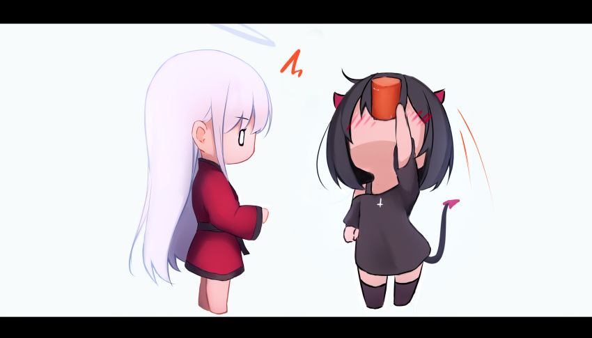 2girls ^^^ ahoge angel_and_devil arm_up bangs bare_shoulders black_hair black_legwear black_shirt blush can chibi demon_horns demon_tail drinking eyebrows_visible_through_hair from_side halo highres holding horns letterboxed long_hair looking_at_another motion_lines multiple_girls no_shoes off-shoulder_shirt off_shoulder original profile shimmer shirt short_hair simple_background tail thigh-highs white_background white_hair zettai_ryouiki