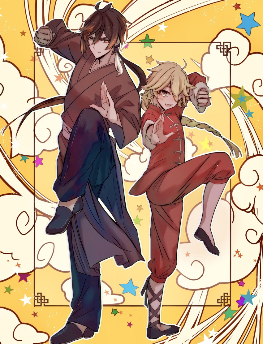2boys aether_(genshin_impact) ahoge bangs black_hair blonde_hair blush braid brown_hair chinese_clothes clenched_hand closed_mouth clouds earrings eyeliner genshin_impact gradient_hair hair_between_eyes highres hinata0313 jewelry kung_fu long_hair long_pants long_sleeves looking_at_viewer makeup male_focus multicolored_hair multiple_boys open_mouth pants ponytail shoes single_earring smile standing standing_on_one_leg star_(symbol) tassel tassel_earrings yellow_eyes zhongli_(genshin_impact)
