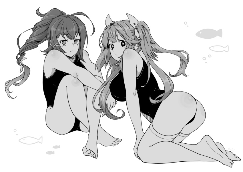 2girls ahoge ass bangs barefoot breasts closed_mouth crossed_legs eyebrows_visible_through_hair fish flower-shaped_pupils fujinoki_(horonabe-ken) greyscale hair_ornament hair_ribbon i-168_(kancolle) i-19_(kancolle) kantai_collection large_breasts long_hair low-tied_long_hair monochrome multiple_girls one-piece_swimsuit ponytail ribbon simple_background sitting swimsuit thigh-highs tri_tails x_hair_ornament