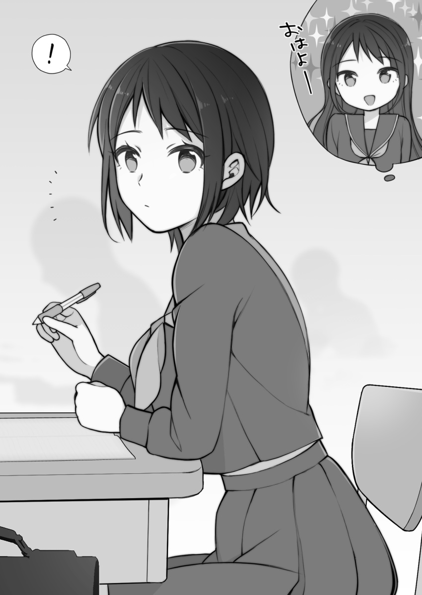 ! 1girl alternate_hairstyle desk greyscale highres holding holding_pen long_hair looking_at_viewer monochrome original pen school_desk school_uniform serafuku short_hair sitting solo thought_bubble toru_nagase