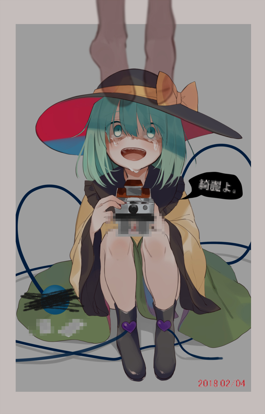 1girl bangs black_footwear black_headwear boots bow camera crying crying_with_eyes_open dated eyebrows_visible_through_hair frilled_shirt_collar frills gotoh510 green_eyes green_hair green_skirt hair_between_eyes hanged hat hat_bow highres holding holding_camera knees_up komeiji_koishi long_sleeves looking_at_viewer open_mouth polaroid scribble shirt short_hair simple_background sitting skirt solo speech_bubble tears third_eye touhou wide_sleeves yellow_bow yellow_shirt