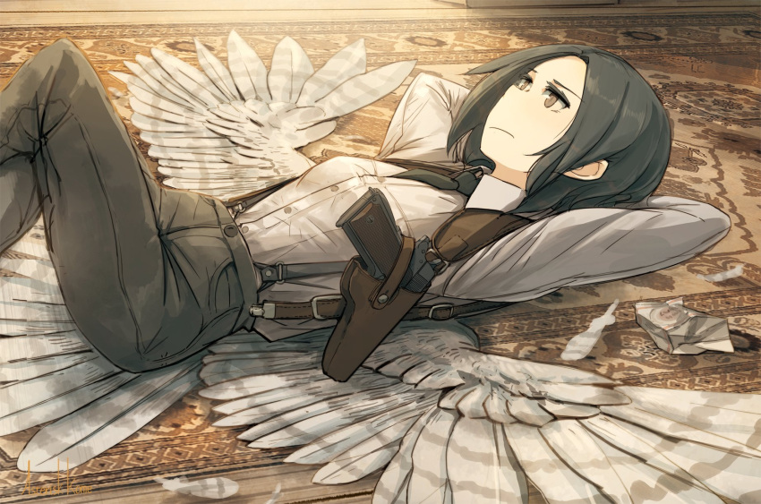 1girl amelia_shaw arms_behind_head asterisk_kome black_hair brown_eyes closed_mouth commentary_request crossed_legs feathered_wings feathers feet_out_of_frame grey_pants gun handgun highres holster indoors long_sleeves lying on_back pants rug shirt short_hair solo suspenders weapon white_shirt white_wings winged_fusiliers wings