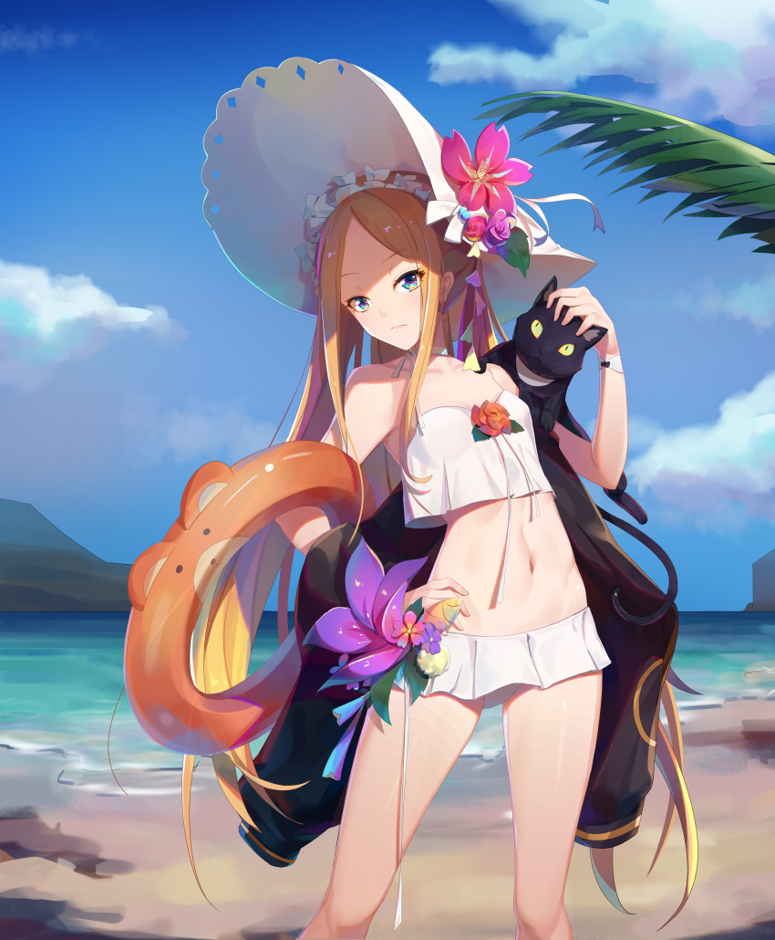 1girl abigail_williams_(fate) abigail_williams_(swimsuit_foreigner)_(fate) absurdres ar_(3779609928) bangs bare_shoulders bikini blonde_hair blue_eyes bonnet bow breasts fate/grand_order fate_(series) forehead hair_bow highres long_hair miniskirt navel parted_bangs sidelocks skirt small_breasts swimsuit very_long_hair white_bikini white_bow white_headwear