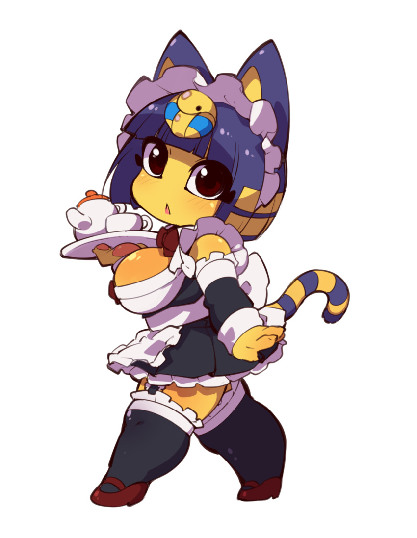 1girl alternate_costume animal_crossing animal_ears ankha_(animal_crossing) bangs black_dress black_eyes blush bow breasts cat_ears cat_tail coffee_cup coffee_mug cup detached_sleeves disposable_cup dress egyptian enmaided frills from_side fukurou_(owl222) furry furry_female garter_straps grey_background high_heels highres holding holding_tray large_breasts long_sleeves maid maid_headdress mug red_bow red_footwear red_neckwear shiny shiny_hair shiny_skin shoes short_hair simple_background solo tail thigh-highs tray triangle_mouth zettai_ryouiki