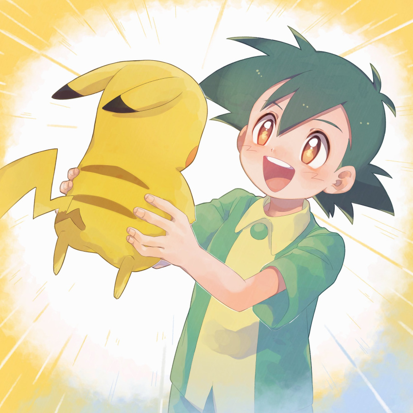 1boy :d ash_ketchum bangs blush brown_eyes buttons collared_shirt emphasis_lines gen_1_pokemon green_hair hair_between_eyes highres holding holding_pokemon male_focus open_mouth pikachu pokemon pokemon_(anime) pokemon_(classic_anime) pokemon_(creature) shirt short_sleeves smile stsknprpr teeth tongue yellow_shirt