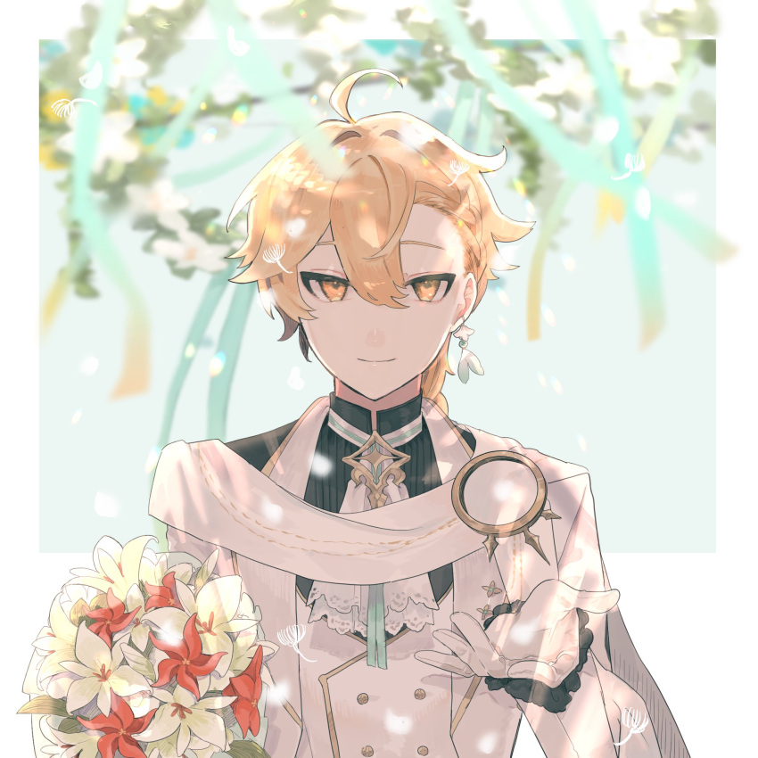 1boy aether_(genshin_impact) ahoge ascot bangs blonde_hair blurry blurry_foreground bouquet braid closed_mouth earrings feather_earrings feathers flower formal frilled_sleeves frills genshin_impact gloves hair_between_eyes highres jewelry long_hair looking_at_viewer male_focus red_flower single_earring smile suit tabibitowayo white_flower white_gloves white_suit yellow_eyes