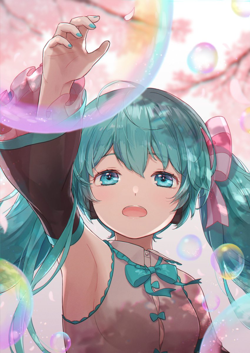 1girl aqua_eyes aqua_hair aqua_neckwear armpits ashika_(yftcc948) bangs bare_shoulders blurry blurry_background blush bow bowtie breasts bubble collared_shirt detached_sleeves eyebrows_visible_through_hair frilled_sleeves frills hair_between_eyes hair_bow hair_ornament hatsune_miku highres long_hair looking_at_another necktie open_mouth outstretched_arm parted_bangs see-through see-through_sleeves shirt sleeveless sleeveless_shirt small_breasts solo teeth twintails upper_body vocaloid