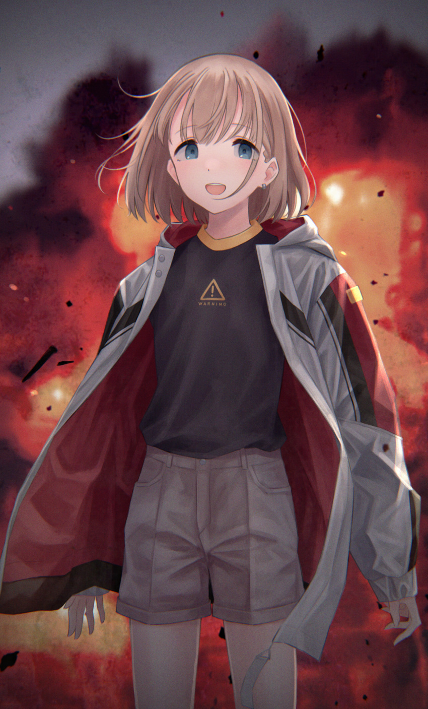 1girl 3mptydays :d arms_at_sides backlighting bangs black_shirt blue_eyes blurry blurry_background clothes_writing cowboy_shot debris earrings explosion eyebrows_visible_through_hair grey_shorts highres hood hood_down hooded_jacket idolmaster idolmaster_shiny_colors jacket jewelry light_brown_hair long_sleeves looking_at_viewer open_clothes open_jacket open_mouth outdoors pocket serizawa_asahi shirt short_hair shorts sleeves_past_wrists smile solo standing two-sided_fabric two-sided_jacket upper_teeth white_jacket