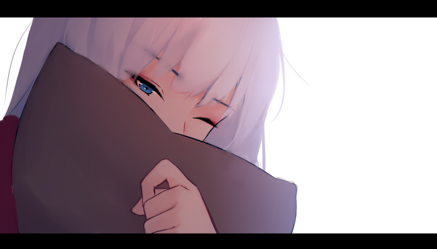 1girl bangs blue_eyes covering_mouth eyebrows_visible_through_hair hand_up highres letterboxed long_hair object_hug one_eye_closed original pillow pillow_hug red_shirt shimmer shirt silver_hair solo white_background