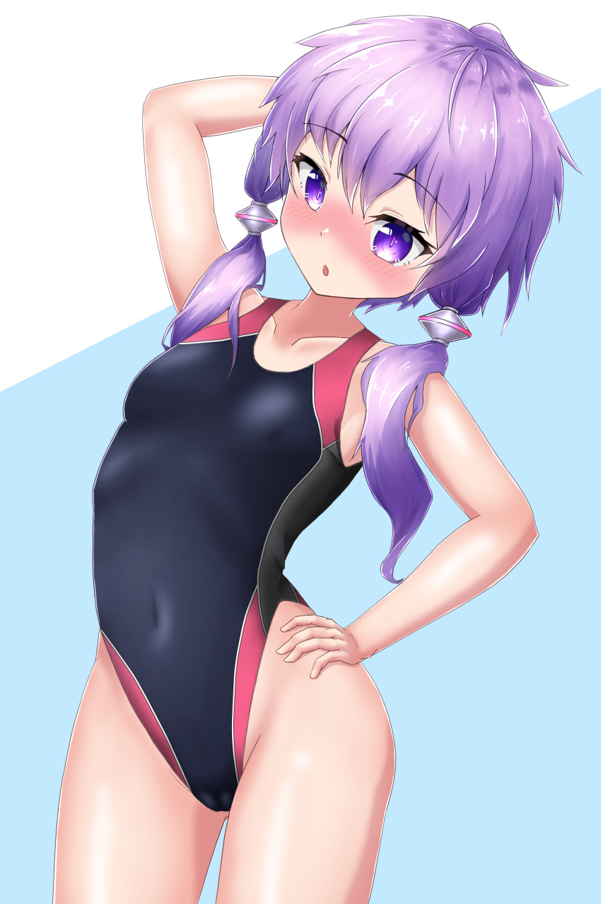 1girl absurdres arm_behind_head arm_up black_swimsuit breasts commentary_request competition_swimsuit cowboy_shot embarrassed hand_on_hip highleg highleg_swimsuit highres low_twintails maretto one-piece_swimsuit purple_hair short_hair_with_long_locks small_breasts solo swimsuit twintails two-tone_background violet_eyes vocaloid voiceroid yuzuki_yukari