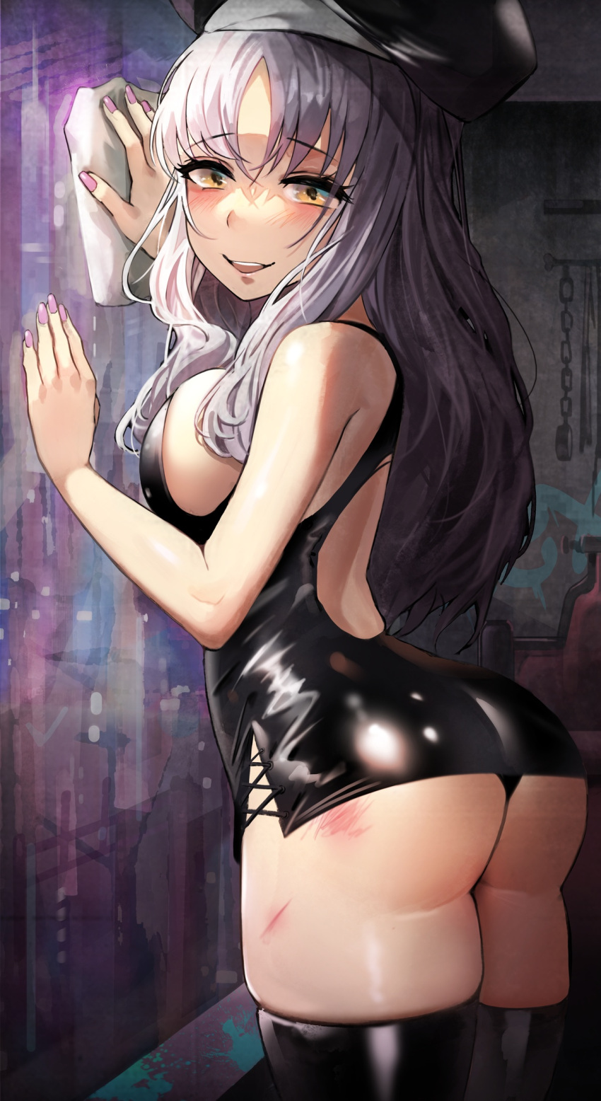 1girl ass back bangs bare_shoulders beret black_dress black_legwear blush breasts caren_hortensia dress fate/hollow_ataraxia fate_(series) grey_hair hat highres large_breasts long_hair looking_at_viewer looking_back open_mouth short_dress smile suou-sensei thigh-highs yellow_eyes