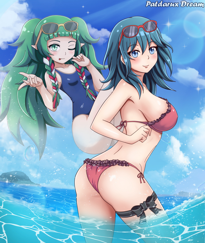 absurdres alternate_costume ass bikini blue_eyes blush breasts byleth_(fire_emblem) byleth_eisner_(female) eyewear_on_head fire_emblem fire_emblem:_three_houses green_eyes green_hair highres large_breasts looking_at_viewer medium_hair ocean one-piece_swimsuit one_eye_closed patdarux red_bikini small_breasts smile sothis_(fire_emblem) summer sunglasses swimsuit swimwear tongue tongue_out