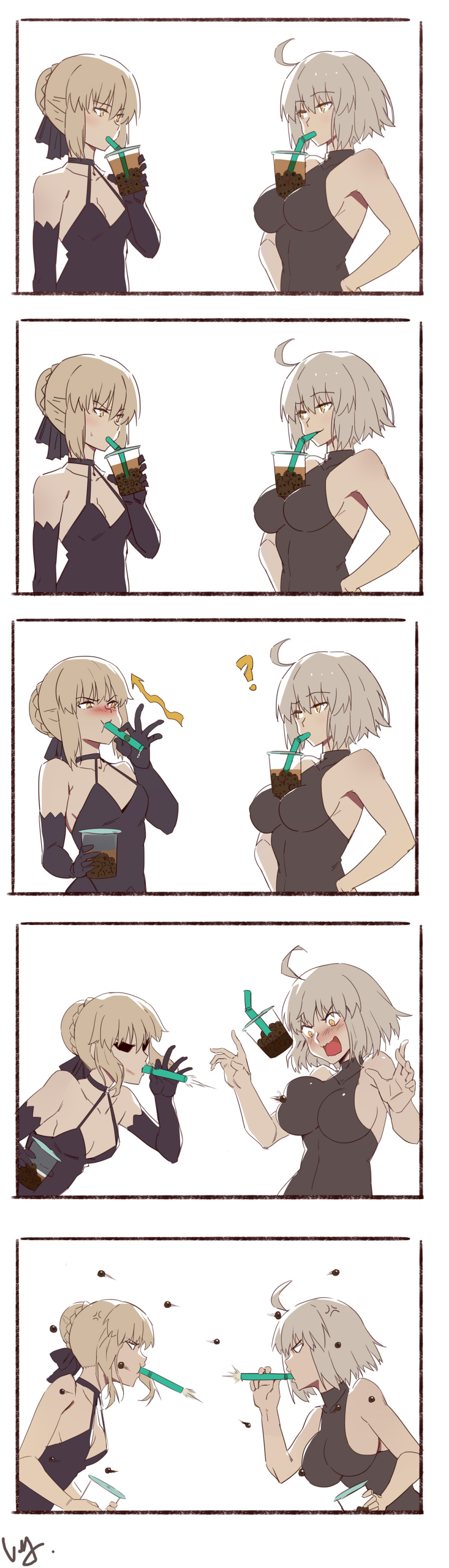 2girls absurdres ahoge artoria_pendragon_(all) bad_id bad_pixiv_id bare_arms bare_shoulders black_dress blonde_hair braid breasts bubble_tea_challenge club3 dress drinking drinking_straw elbow_gloves fate/grand_order fate_(series) gloves highres jeanne_d'arc_(alter)_(fate) jeanne_d'arc_(fate)_(all) milk_tea multiple_girls object_on_breast saber_alter short_hair silver_hair yellow_eyes