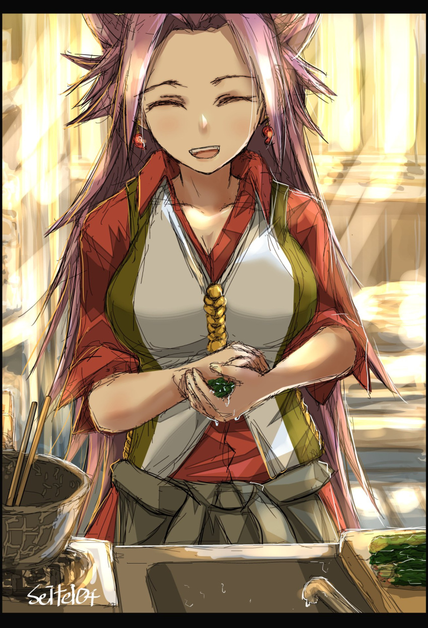 1girl blouse breasts chopsticks closed_eyes cucumber dated earrings highres jewelry jun'you_(kancolle) kantai_collection long_hair magatama magatama_earrings purple_hair red_blouse seitei_(04seitei) sink smile sunlight waistcoat water