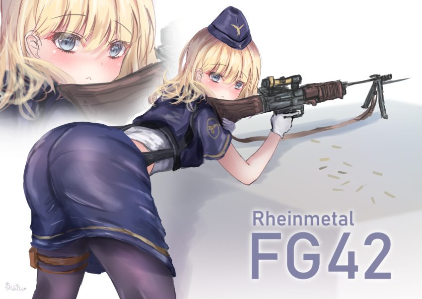 1girl absurdres ass battle_rifle black_legwear blonde_hair blue_eyes blue_headwear blue_jacket blue_skirt blush cartridge character_name closed_mouth eyebrows_visible_through_hair fg42 fg42_(girls_frontline) girls_frontline gloves gun hat highres holding holding_weapon jacket leaning_forward long_hair looking_at_viewer machine_gun martinreaction military military_hat military_uniform pantyhose rifle rifle_cartridge scope simple_background skirt solo unhappy uniform weapon white_gloves