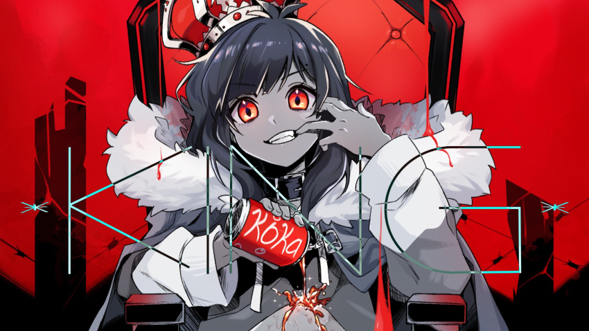 bangs can crown english_commentary eyebrows_visible_through_hair glowing glowing_eyes hand_on_own_face head_tilt highres holding holding_can indie_virtual_youtuber king_(vocaloid) looking_at_viewer medium_hair monochrome mouth_pull parody red_eyes soda_can song_name spilling spot_color throne virtual_youtuber vyolfers vyolfers_(vtuber)