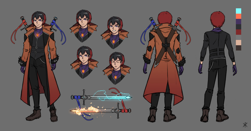 apoloniodraws character_sheet electricity fire gloves highres jewelry multicolored_hair necklace original purple_gloves sword sword_behind_back trench_coat violet_eyes weapon