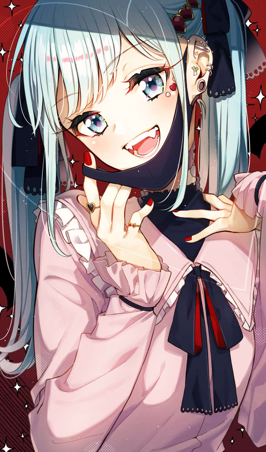1girl :d black_bow blue_eyes blush bow breasts collared_shirt commentary_request ear_piercing earrings facial_mark fangs frilled_shirt_collar frills hair_bow hands_up hatsune_miku head_tilt heart highres jewelry long_hair long_sleeves mask mask_pull mouth_mask nail_polish open_mouth piercing pink_shirt pulled_by_self red_background red_nails ring sakuragi_ren shirt silver_hair sleeves_past_wrists small_breasts smile solo sparkle twintails upper_body vocaloid