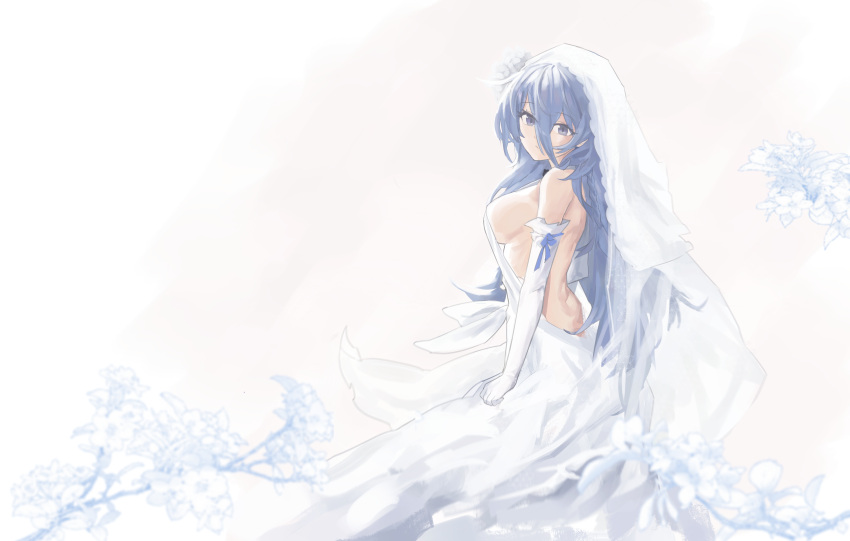 1girl absurdres backless_dress backless_outfit bangs braid breasts bridal_veil dress elbow_gloves flower from_side girls_frontline gloves grey_eyes grey_hair hair_between_eyes highres large_breasts long_hair looking_at_viewer messy_hair setona_(setno77) sideboob solo veil wedding_dress white_dress white_gloves xm8_(girls_frontline)