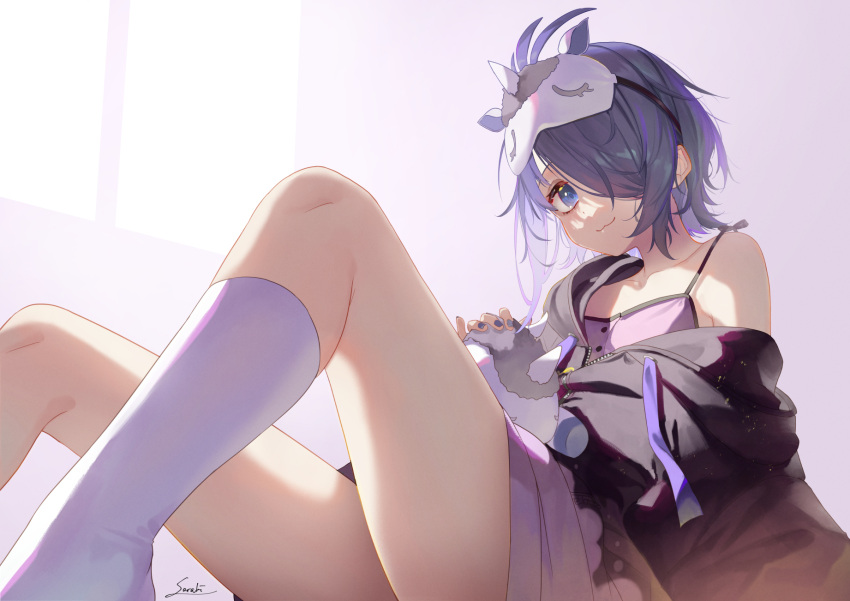 1girl :3 black_hoodie blue_eyes collarbone flat_chest hair_behind_ear hair_over_one_eye highres hood hoodie indie_virtual_youtuber kusumi_neneko looking_at_viewer mask mask_on_head off_shoulder one_eye_covered petting purple_hair saraki sitting sleep_mask smile solo virtual_youtuber