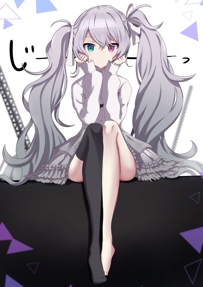 1girl :&lt; absurdres aqua_eyes bangs barefoot black_legwear commentary dot_nose expressionless eyebrows_visible_through_hair frilled_skirt frills full_body grey_hair grey_skirt hair_ribbon hands_on_own_chin hatsune_miku heterochromia highres itogari knees_up legs_together long_hair long_sleeves no_shoes pink_eyes project_sekai ribbon scaffolding shirt simple_background single_thighhigh sitting skirt sleeves_past_wrists solo thigh-highs translated triangle twintails vocaloid white_background white_ribbon white_shirt