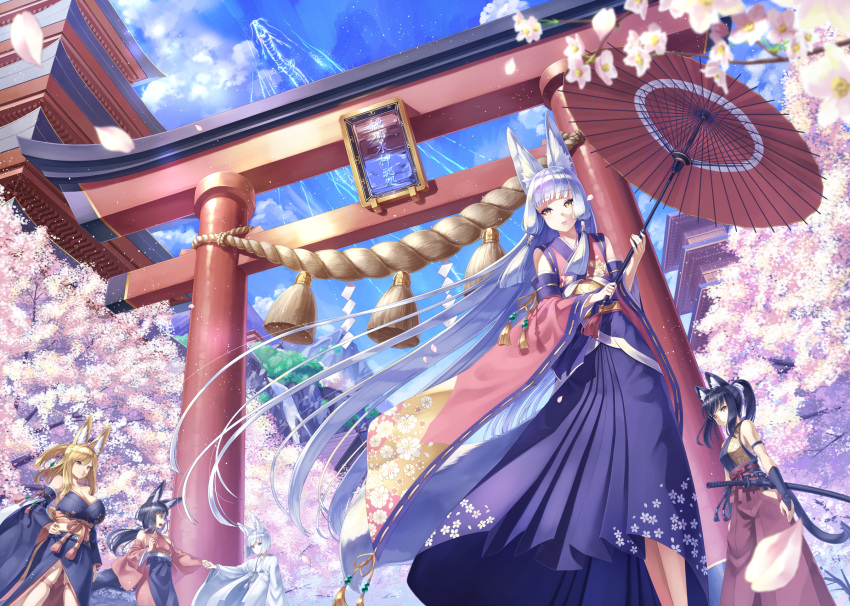 5girls animal_ear_fluff animal_ears architecture bare_shoulders black_hair blonde_hair blue_eyes breasts bridal_gauntlets cherry_blossoms day detached_sleeves dutch_angle east_asian_architecture fox_ears fox_tail green_eyes hakama highres japanese_clothes kazuki_seihou kimono large_breasts long_hair looking_at_viewer multiple_girls obi oil-paper_umbrella original ouka_(kazuki_seihou) outdoors ponytail sash short_hair tail torii touka_(kazuki_seihou) umbrella very_long_hair white_hair wind yellow_eyes