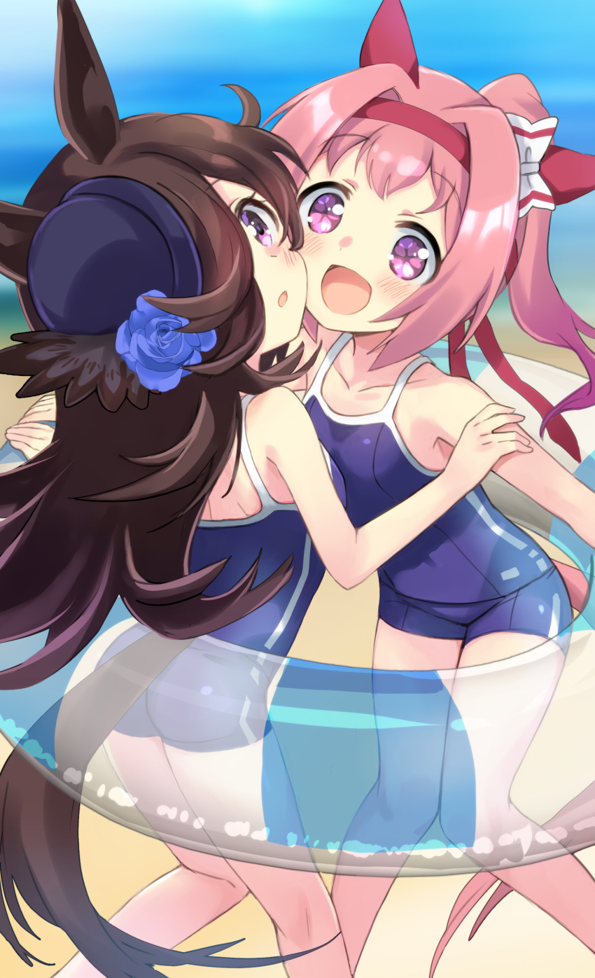 2girls absurdres animal_ears bangs beach blue_headwear blue_swimsuit blush brown_hair commentary_request day ear_covers eyebrows_visible_through_hair flower haru_urara_(umamusume) hat hat_flower headband highres hizuki_yayoi horse_ears horse_girl horse_tail innertube long_hair looking_at_viewer multiple_girls one-piece_swimsuit open_mouth outdoors ponytail rice_shower_(umamusume) rose sidelocks swimsuit tail tilted_headwear umamusume