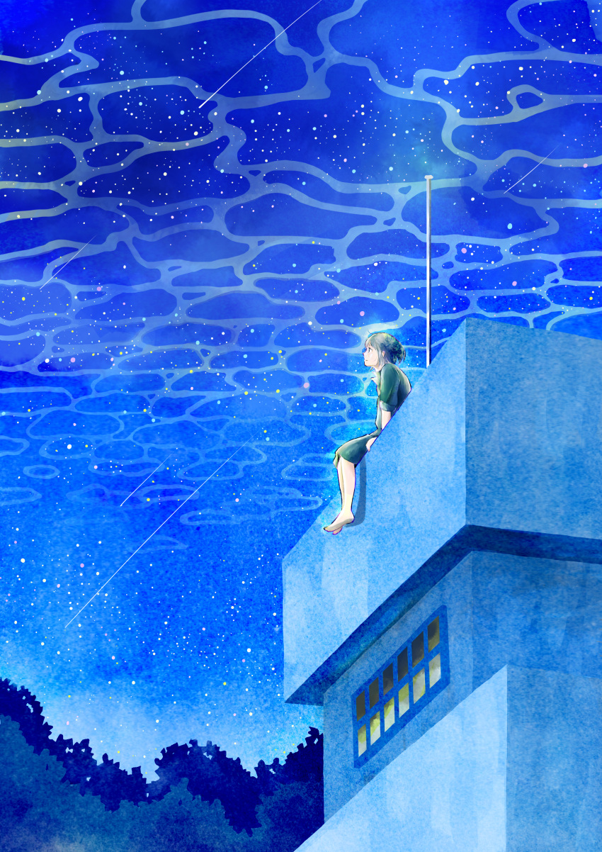 1girl absurdres barefoot blue_theme building caustics green_shirt highres huge_filesize kakine-666 looking_afar night night_sky original outdoors shirt shooting_star short_hair sky solo star_(sky) starry_sky