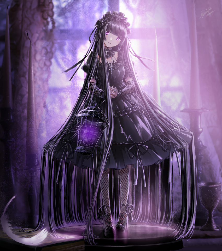 1girl absurdly_long_hair backlighting bangs black_choker black_dress black_hair black_hairband black_nails black_ribbon blunt_bangs choker detached_sleeves dress fishnet_legwear fishnets full_body gothic_lolita hair_ribbon hairband head_tilt highres kazuharu_kina layered_dress lolita_fashion lolita_hairband long_hair looking_at_viewer nail_polish original red_eyes ribbon shiny shiny_hair short_sleeves solo standing very_long_hair