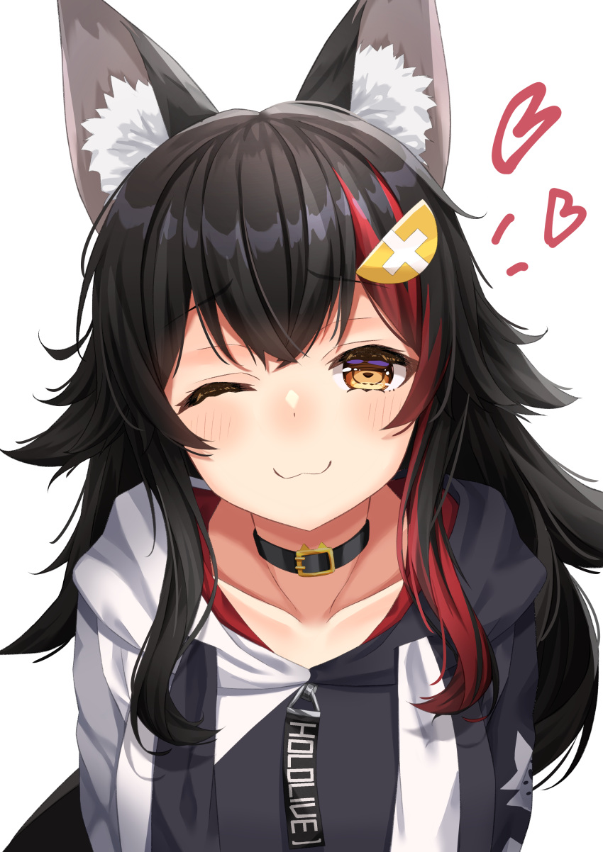 1girl :3 ;) absurdres animal_collar animal_ear_fluff animal_ears bangs black_choker black_collar black_hair blush choker closed_mouth collar collarbone flipped_hair hair_ornament hairclip heart highlights highres hololive hood hood_down hooded_jacket jacket looking_at_viewer multicolored_hair one_eye_closed ookami_mio redhead simple_background smile solo starkamisan two-tone_jacket upper_body virtual_youtuber white_background wolf_ears