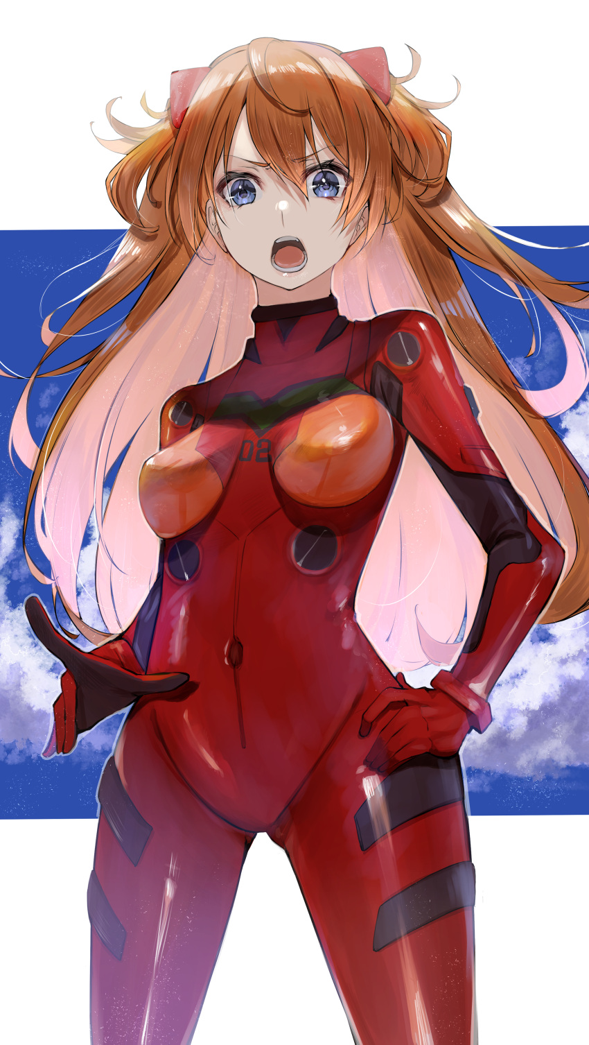 1girl absurdres bangs blue_eyes bodysuit breasts commentary eyebrows_visible_through_hair hair_between_eyes hand_on_hip highres long_hair looking_at_viewer medium_breasts multicolored multicolored_bodysuit multicolored_clothes neon_genesis_evangelion open_mouth orange_hair r_(ryo) red_bodysuit shikinami_asuka_langley solo souryuu_asuka_langley standing teeth