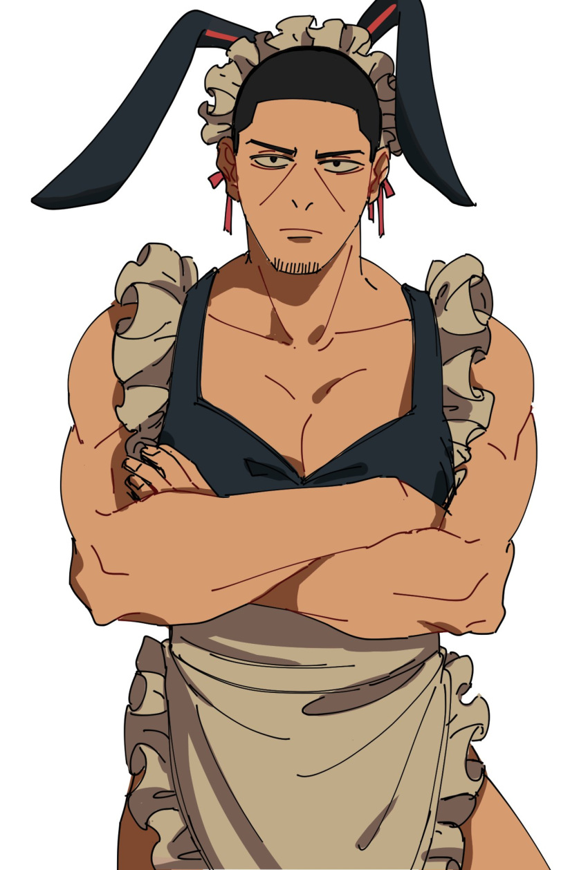 1boy alternate_costume animal_ears black_eyes buzz_cut crossed_arms enmaided facial_hair golden_kamuy highres maid maid_headdress male_focus muscular muscular_male rabbit_ears short_hair simple_background standing stubble tsukishima_hajime very_short_hair white_background zhege_qiongsi_bu_tai_leng