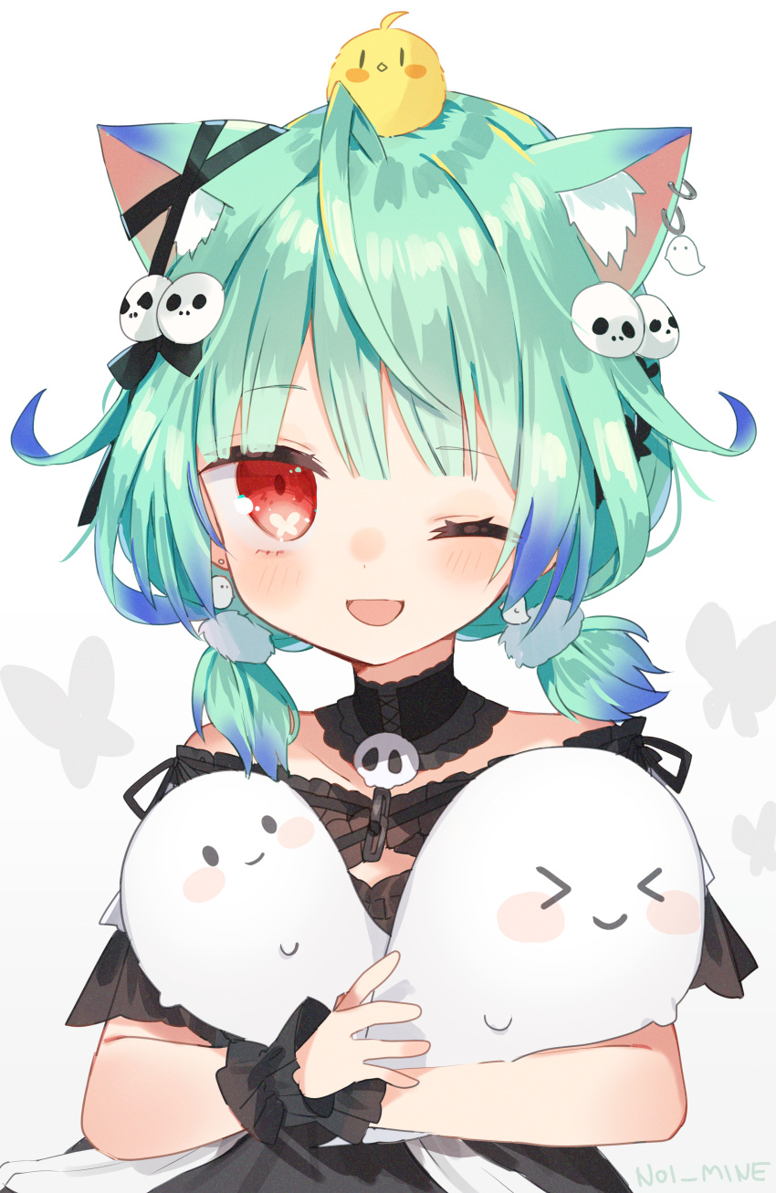 1girl absurdres ahoge animal_ear_fluff animal_ears artist_name bangs bare_shoulders bird black_choker black_dress blue_hair blush bow brooch cat_ears chick choker detached_collar detached_sleeves dress ear_piercing earrings extra_ears eyebrows_visible_through_hair frilled_straps ghost gothic_lolita gradient_hair green_hair hair_ornament highres holding hololive hololive_fantasy jewelry lolita_fashion looking_at_viewer low_twintails multicolored_hair noi_mine off-shoulder_dress off_shoulder one_eye_closed open_mouth piercing piyoko_(uruha_rushia) red_eyes ribbon see-through short_hair short_twintails skull_earrings skull_hair_ornament smile solo twintails uruha_rushia virtual_youtuber white_background