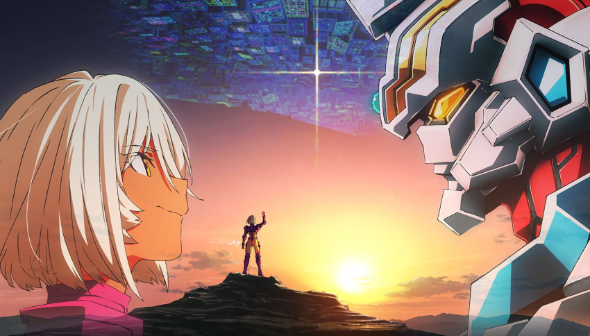 1girl character_request collage commentary_request crossover dark_skin diaclone gridman_(ssss) highres looking_at_another sakamoto_masaru short_hair ssss.gridman sunset twilight waving white_hair yellow_eyes