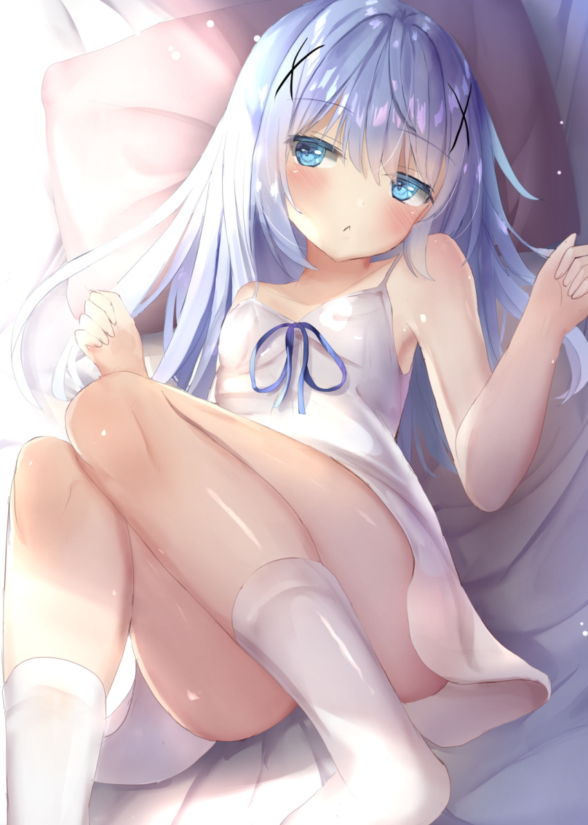 1girl :&lt; bangs bare_arms bare_shoulders bed_sheet blue_eyes blue_hair blue_ribbon blush breasts closed_mouth commentary_request dress eyebrows_visible_through_hair feet_out_of_frame gochuumon_wa_usagi_desu_ka? hair_between_eyes hair_ornament hands_up highres kafuu_chino knees_together_feet_apart knees_up long_hair lying natuna_natu on_back pillow ribbon sleeveless sleeveless_dress small_breasts socks solo very_long_hair white_dress white_legwear x_hair_ornament