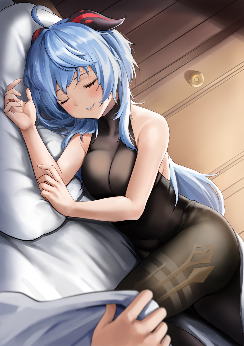 1girl absurdres ahoge bangs bare_arms bare_shoulders black_legwear black_leotard blanket blue_hair blush breasts closed_eyes dutch_angle dvdraw ganyu_(genshin_impact) genshin_impact highres holding horns leotard long_hair lying medium_breasts on_bed on_side pantyhose parted_lips pillow sleeping smile solo_focus very_long_hair