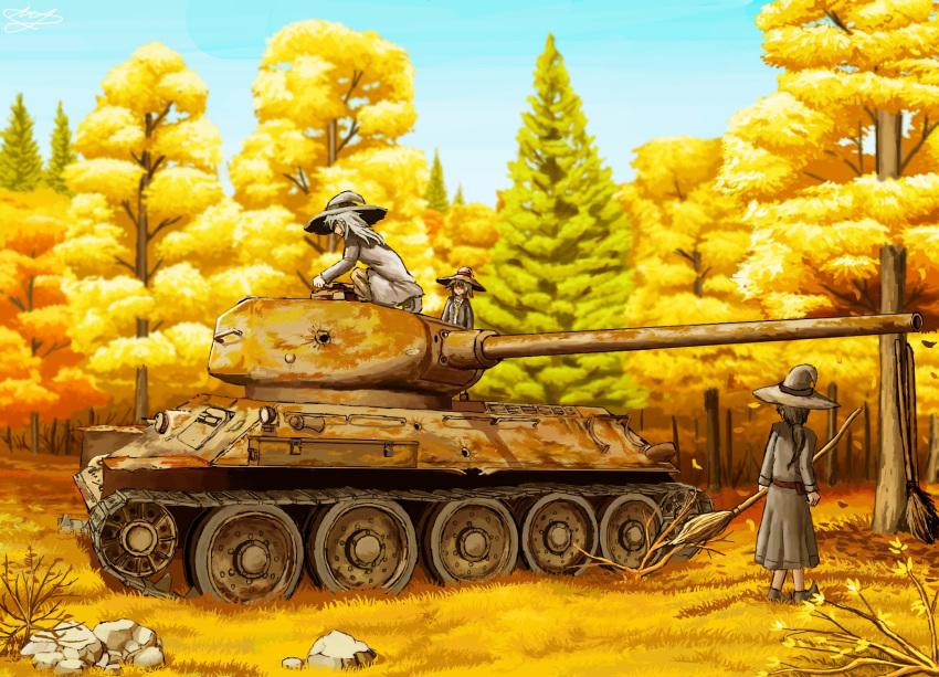 3girls artist_request autumn breasts broom brown_eyes brown_hair caterpillar_tracks clouds day dress english_commentary forest ground_vehicle hat highres long_hair military military_vehicle motor_vehicle multiple_girls nature original ponytail rock scenery short_hair signature sky t-34 t-34-85 tank tree witch