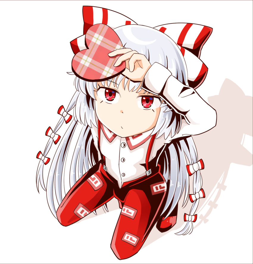1girl :/ arm_above_head arm_up bangs bow box breasts closed_mouth commentary_request eyebrows_visible_through_hair foreshortening from_above fujiwara_no_mokou gift hair_bow hair_ribbon heart-shaped_box highres holding holding_box holding_gift long_hair long_sleeves looking_at_viewer pants plaid red_bow red_eyes red_footwear red_pants ribbon rozugadena shadow shirt silver_hair simple_background small_breasts solo squatting suspenders touhou tress_ribbon very_long_hair white_background white_bow white_shirt