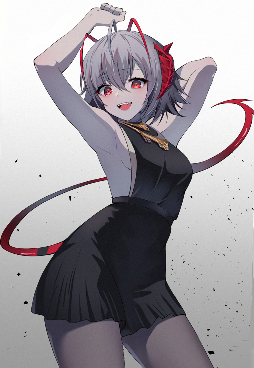 1girl alternate_costume arknights armpits arms_up bangs bare_shoulders black_dress blush breasts cowboy_shot dress eyebrows_visible_through_hair fang gin937 grey_hair hair_between_eyes highres horns looking_at_viewer medium_hair open_mouth pantyhose red_eyes sideboob smile tail w_(arknights)