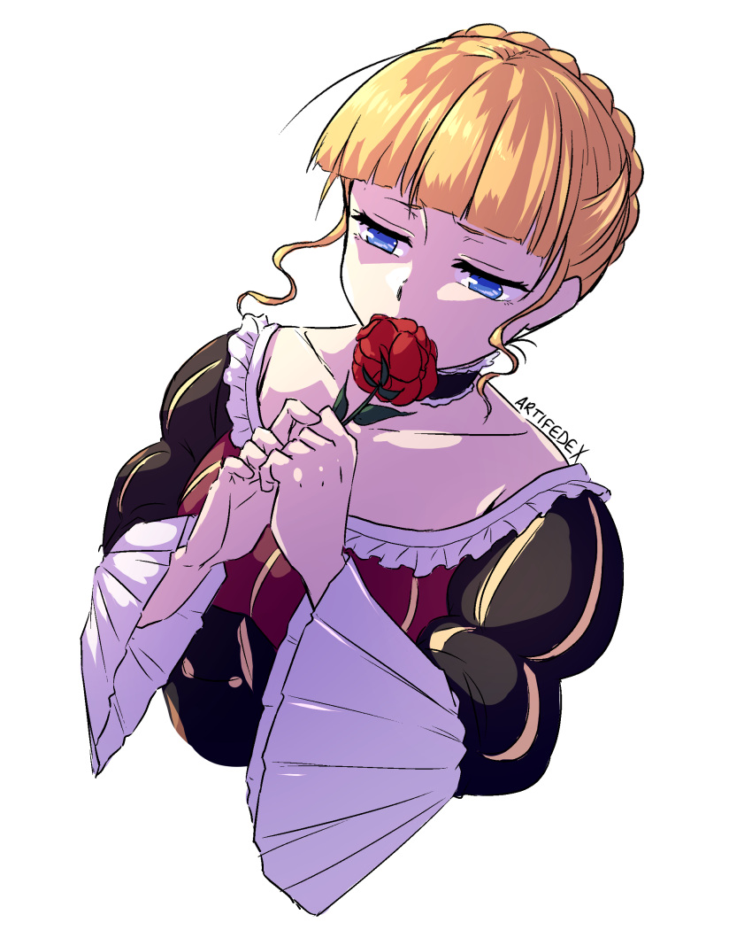 1girl absurdres artifedex beatrice_(umineko) blonde_hair blue_eyes braid braided_bun choker collarbone dress flower frilled_choker frilled_dress frills highres juliet_sleeves long_sleeves puffy_sleeves rose solo striped umineko_no_naku_koro_ni vertical-striped_dress vertical_stripes