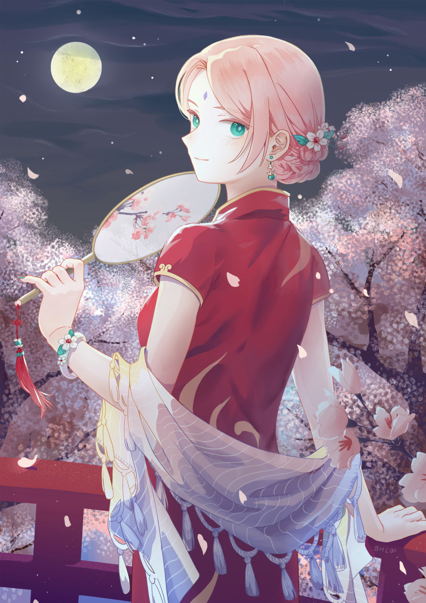 1girl absurdres aqua_eyes bangs bohe_liang_you boruto:_naruto_next_generations bracelet china_dress chinese_clothes closed_mouth dress flower from_behind full_moon haruno_sakura highres holding jewelry looking_at_viewer moon naruto_(series) night parted_bangs petals pink_hair red_dress shiny shiny_hair short_hair short_sleeves smile solo standing tied_hair white_flower
