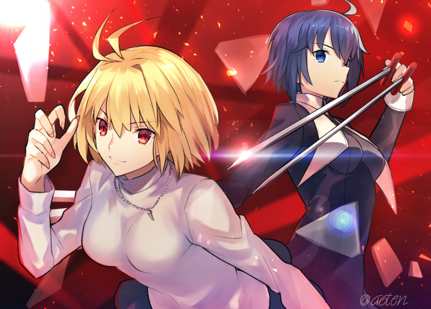 2girls ahoge antenna_hair arcueid_brunestud between_fingers black_dress black_keys_(type-moon) blonde_hair blue_eyes blue_hair breasts ciel_(tsukihime) closed_mouth dress frown hair_intakes holding holding_sword holding_weapon jewelry long_sleeves medium_breasts multiple_girls necklace nun red_background red_eyes shiny shiny_hair short_hair sweater sword tsukihime twitter_username v-shaped_eyebrows weapon white_sweater