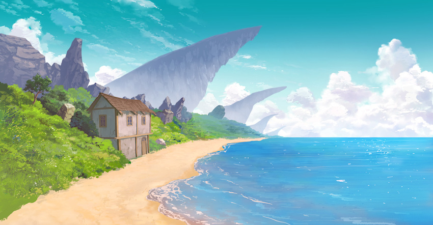 108 beach bush cliff clouds cloudy_sky commentary grass house landscape no_humans ocean original outdoors rock scenery seaside sky tree