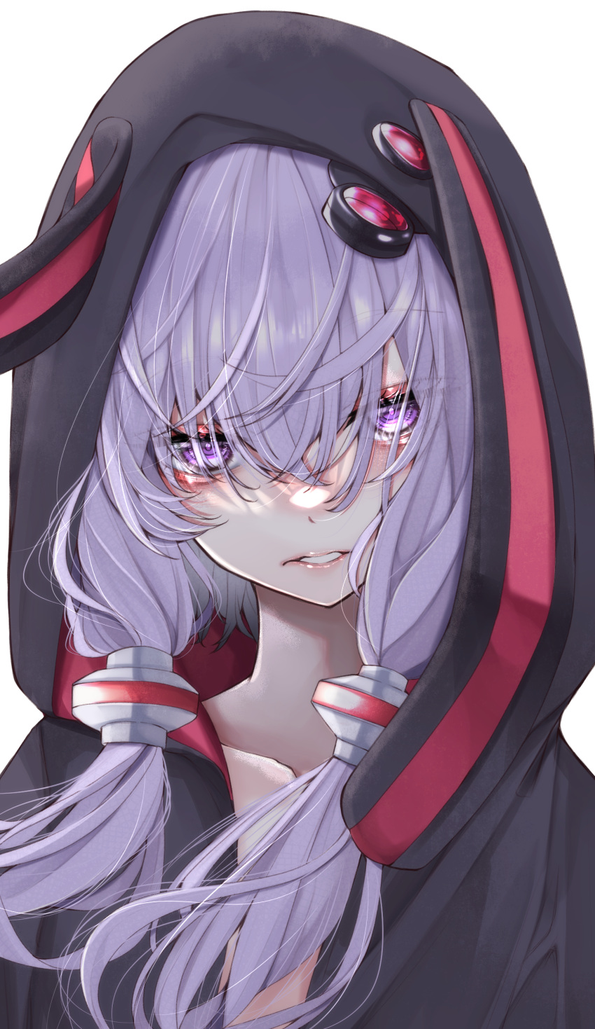 1girl absurdres black_hoodie black_jacket eyebrows_visible_through_hair hair_between_eyes hair_ornament hair_over_eyes highres hood hooded_jacket hoodie jacket long_hair looking_at_viewer parted_lips purple_hair simple_background solo tsune_(tune) upper_body violet_eyes voiceroid white_background yuzuki_yukari