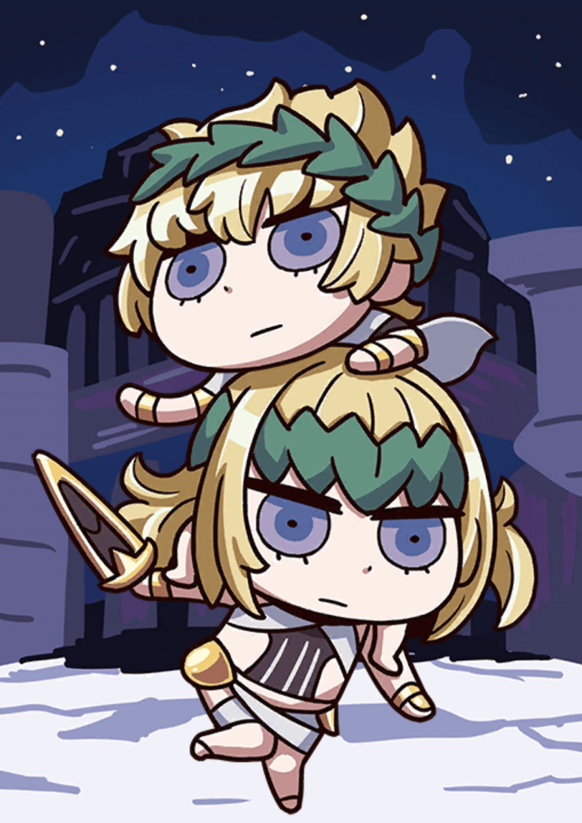 1boy 1girl april_fools blue_eyes brother_and_sister castor_(fate) chibi fate/grand_order fate_(series) highres holding holding_sword holding_weapon laurel_crown medium_hair official_art on_shoulder pollux_(fate) riyo_(lyomsnpmp) short_hair siblings sky star_(sky) starry_sky sword weapon