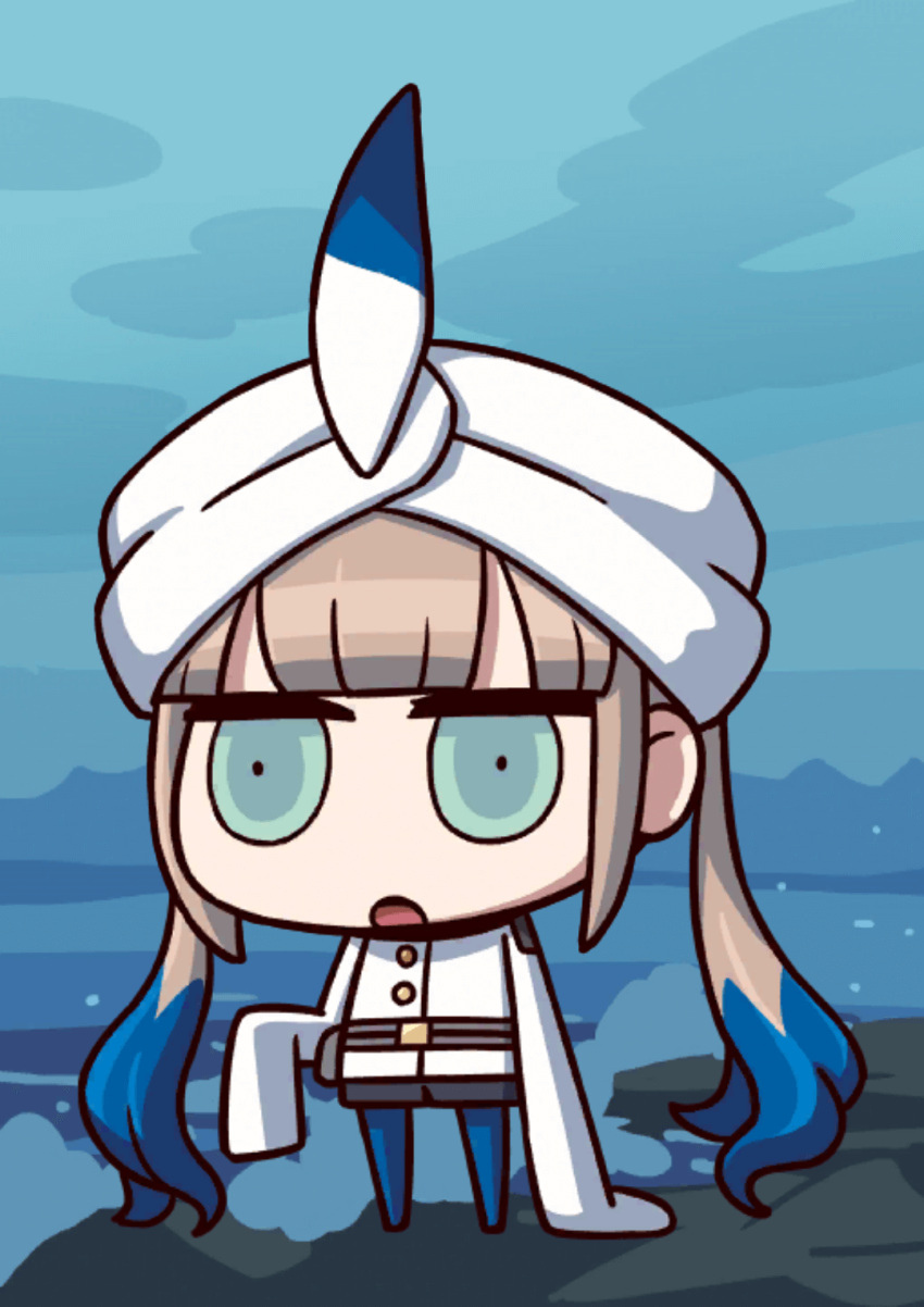 1boy april_fools bangs beach blonde_hair blue_hair blunt_bangs captain_nemo_(fate) chibi fate/grand_order fate_(series) highres long_hair long_sleeves multicolored_hair no_nose official_art open_mouth riyo_(lyomsnpmp) sleeves_past_fingers sleeves_past_wrists solo turban twintails very_long_hair very_long_sleeves water