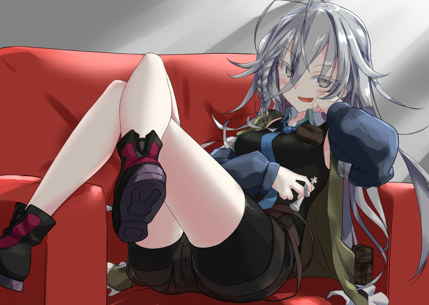 1girl ahoge bike_shorts black_shirt blue_neckwear blush boots braid chess_piece commentary_request crossed_legs girls_frontline grey_eyes highres jacket legs long_hair long_sleeves looking_at_viewer messy_hair necktie on_chair open_mouth shiba_(zudha) shirt silver_hair single_braid sleeveless sleeveless_shirt smile solo xm8_(girls_frontline)
